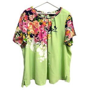 Investments Top Plus Size 2X Green Floral Cold Shoulder S/S Office Career Casual